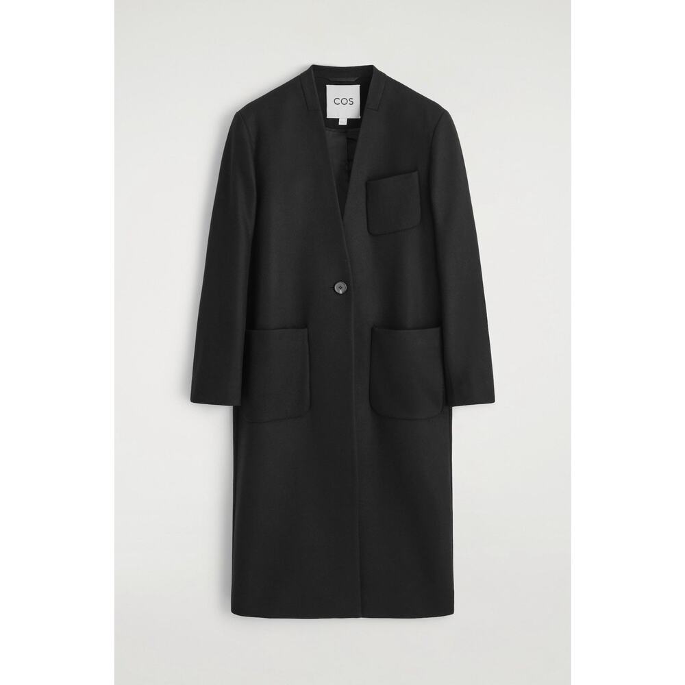 NWT COS Collarless Wool Cashmere Long Black Coat Minimalist Patch Pockets 10 40